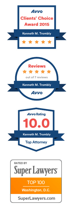 Badges declaring: Winner of Avvo's Clients' Choice Award 2015, 5 star reviews on Avvo, 10.0 rating on Avvo, Rated in the Top 100 D.C. Lawyers by Super Lawyers