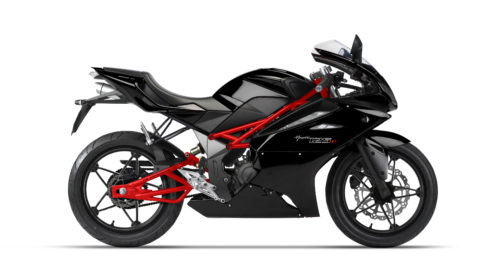 A sleek black and red sports motorcycle with an aerodynamic design, featuring a sharp front fairing, exposed frame, and high-performance features, evokes speed and precision. Positioned on a white background, it's as if capturing the rush just before a thrilling ride through Washington D.C.