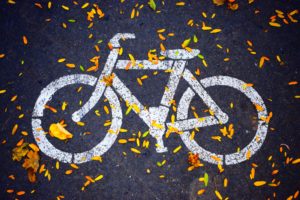 A white bicycle symbol is painted on a dark asphalt road in Washington D.C. The ground, scattered with yellow and orange autumn leaves, adds vibrant color to the scene—a reminder of safety and steps to take to prevent bicycle accidents amidst nature's beauty.