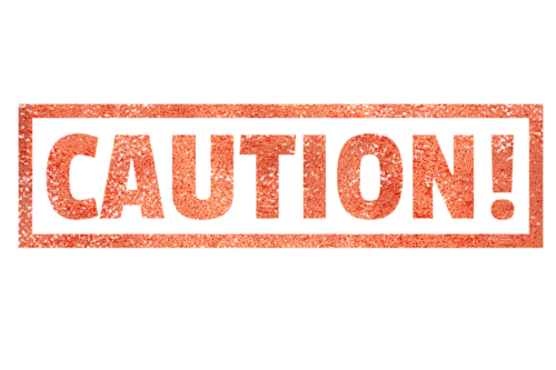A red rectangular sign with the bold, uppercase word "CAUTION!" warns of potential injury or defective product issues. Filled with a speckled texture and framed by a thin red border, it stands out against the white background.