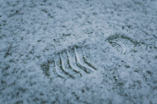 Footprints of sneakers in light snow on the grass create a quiet scene in Washington D.C. The snow partially covers the prints, revealing the sole's texture and pattern, whispering stories of winter walks amidst snow accidents.