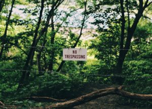 A "No Trespassing" sign hangs on a wire fence amidst a lush, green forest setting. Trees and foliage surround the area, creating a secluded and serene atmosphere. A narrow, worn path leads up to the fenced barrier, warning potential trespassers of premises liability claims if injured.