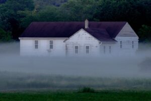 haunted house in mist