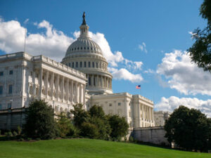 The U.S. Capitol building in Washington, D.C., is shown against a blue sky with clouds. The government landmark features a domed roof, columns, an American flag flying high, and lush green trees and grass in the foreground.